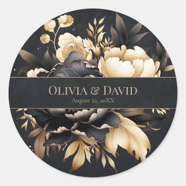 Black & Gold Peony Wedding Round Sticker (Devant)