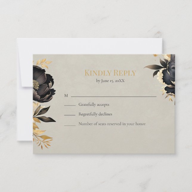 Black & Gold Peony Wedding RSVP Card (Devant)