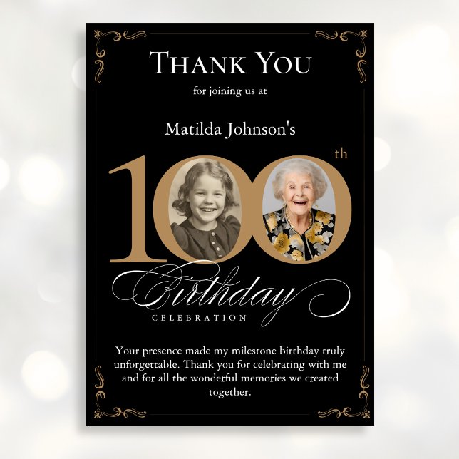 Black Gold Photo 100th Birthday Carte de remerciem (Mockup View)