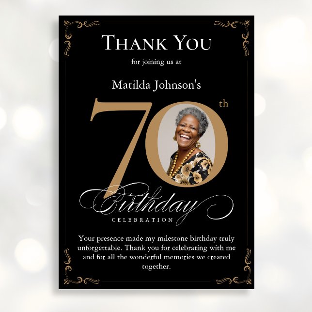 Black Gold Photo 70th Birthday Carte de remercieme (Mockup View)