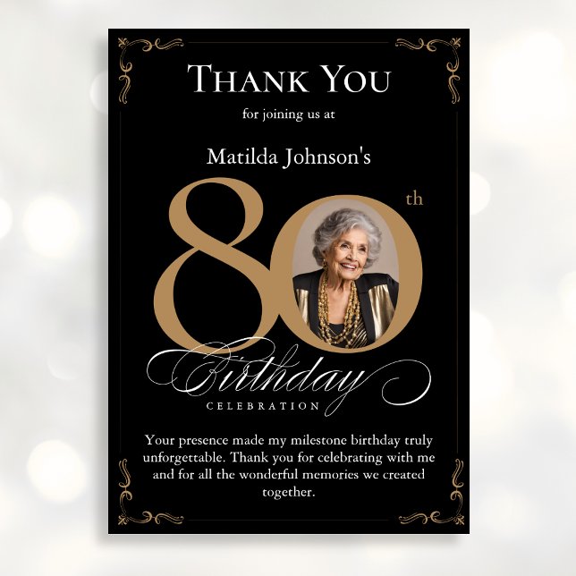 Black Gold Photo 80th Birthday Carte de remercieme (Mockup View)