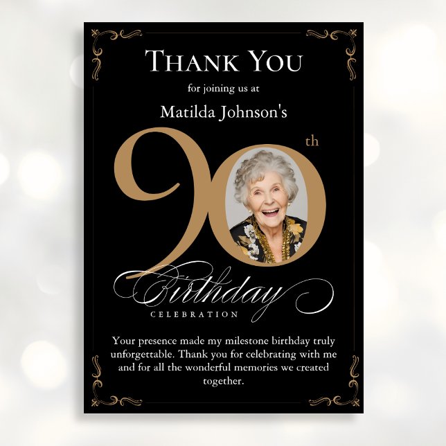 Black Gold Photo 90th Birthday Carte de remercieme (Mockup View)
