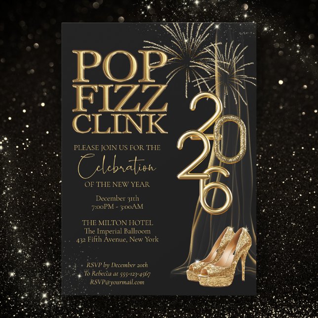 Black Gold Pop Fizz Clink New Years Invitation (Créateur téléchargé)
