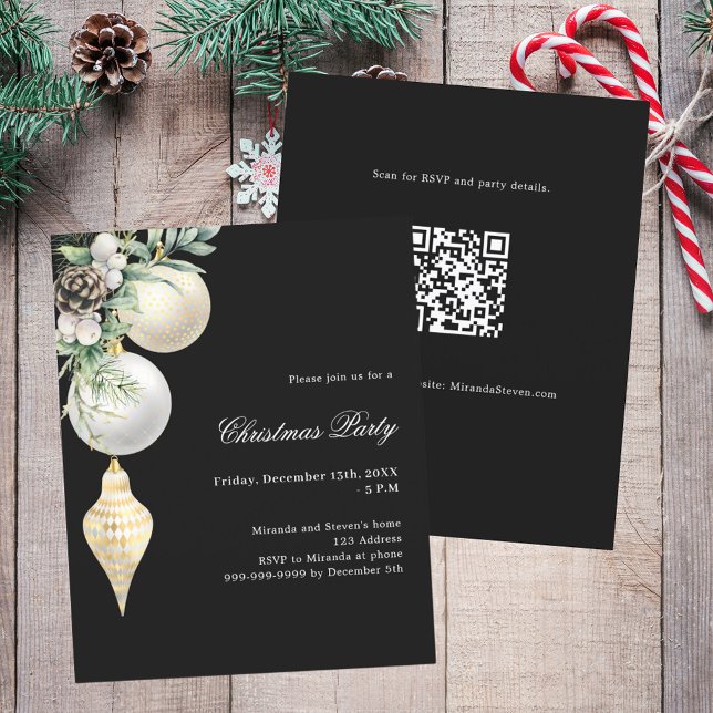 Black gold QR code Christmas Party invitation (Créateur téléchargé)