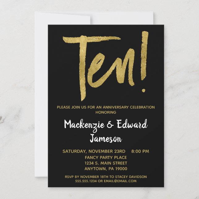 Black Gold Script 10th Anniversary Invitation (Devant)