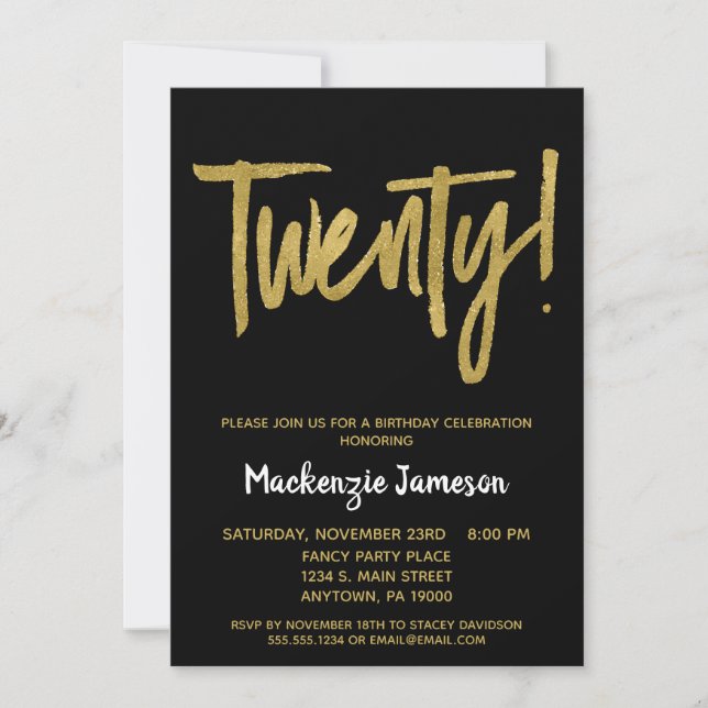 Black Gold Script 20th Birthday Party Invitation (Devant)