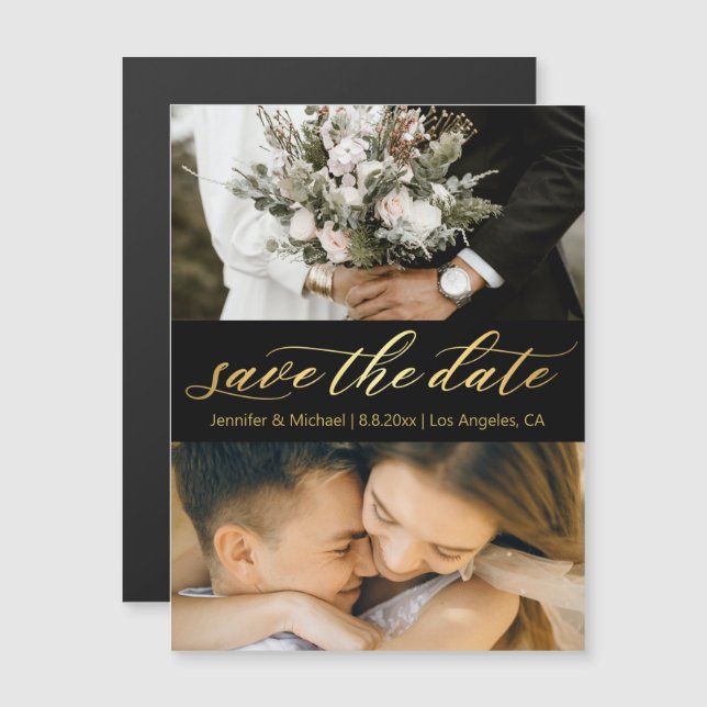 black gold script 2 photos save the date magnet (Devant / Derrière)