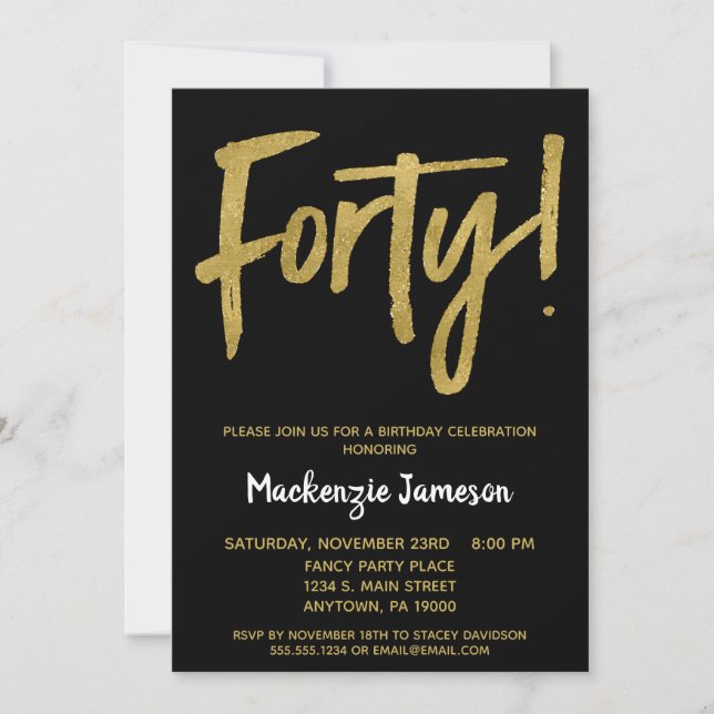 Black Gold Script 40th Birthday Party Invitation (Devant)