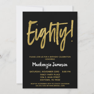Black Gold Script 80th Birthday Party Invitation