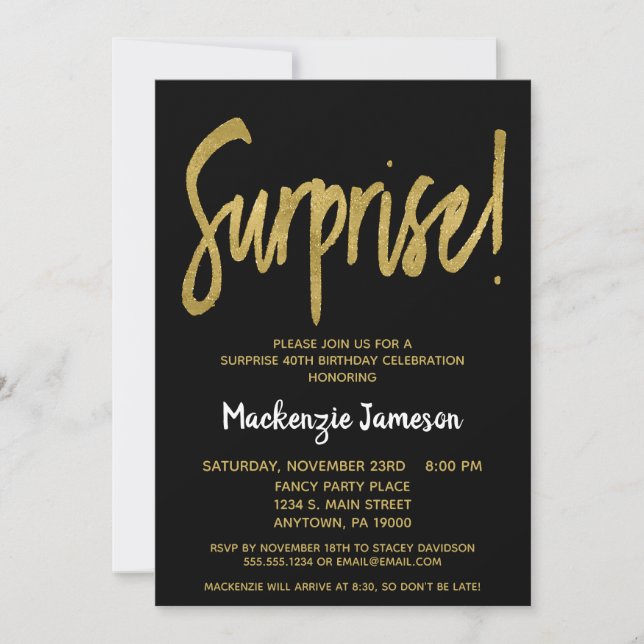 Black Gold Script Surprise Party Invitation (Devant)