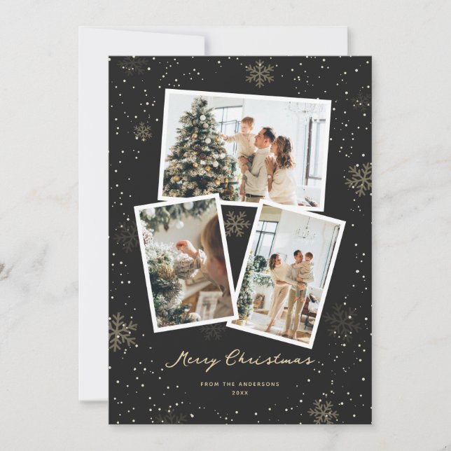 Black Gold Snowflake Photo Joyeuse carte de Noël (Devant)