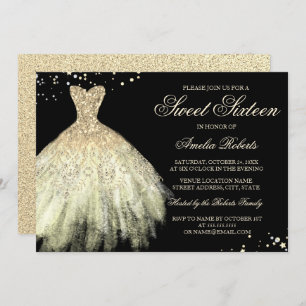 Black Gold Sparkle robe Sweet sixteen Invitation