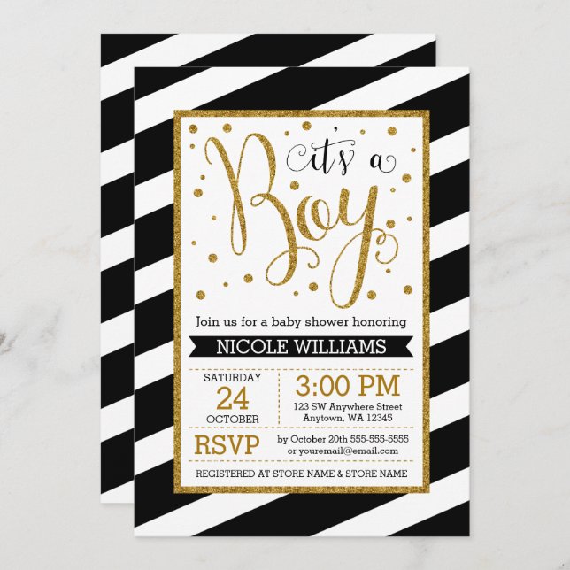 Black Gold Stripes Boy Baby Shower Invitations (Devant / Derrière)