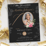 Black Gold Surprise 70th Birthday Party Invitation<br><div class="desc">Black Gold Surprise 70th Birthday Party Invitation. Jetez la surprise ultime avec une invitation à l’anniversaire d’une étape économique qui ne manquera pas d’impressionner! Dotée d'un superbe design floral, cette invitation apporte une pop de couleur et de charme à la célébration. Ajoutez une touche personnelle en incluant une photo préférée,...</div>