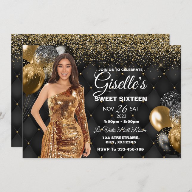 Black & Gold Sweet 16 Girl Birthday Invitation (Devant / Derrière)
