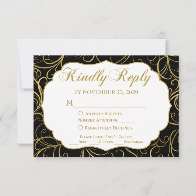Black Gold Swirl RSVP Mariage Réponse avec/Repas (Devant)