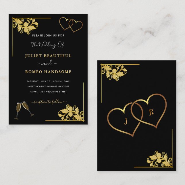 Black Gold Wedding Invitation Example with Hearts (Devant / Derrière)