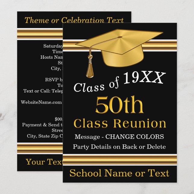 Black, Gold, White 50th Class Reunion Invitations (Devant / Derrière)