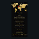 Black Gold World Map with Optional Heart Menu<br><div class="desc">Black and gold world map travel theme menu card with a moveable and removable heart so you can pin your destination wedding location or theme, or delete it entirely for a global or general travel theme design. The background color on the front and back, as well as the fonts, can...</div>