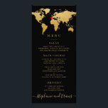 Black Gold World Map with Optional Heart Menu<br><div class="desc">Black and gold world map travel theme menu card with a moveable and removable heart so you can pin your destination wedding location or theme, or delete it entirely for a global or general travel theme design. The background color on the front and back, as well as the fonts, can...</div>