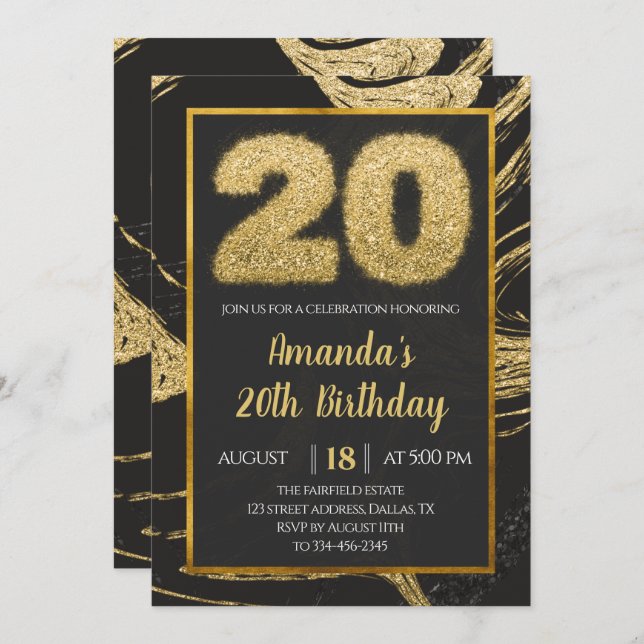 Black Golden 20e anniversaire Invitation (Devant / Derrière)