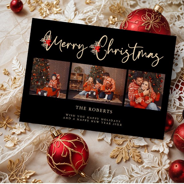 Black Golden Effet Joyeux Noël Poinsettias (Black Golden Effect Merry Christmas Poinsettias Branches 3 Photos Collage Holidays Cards.)