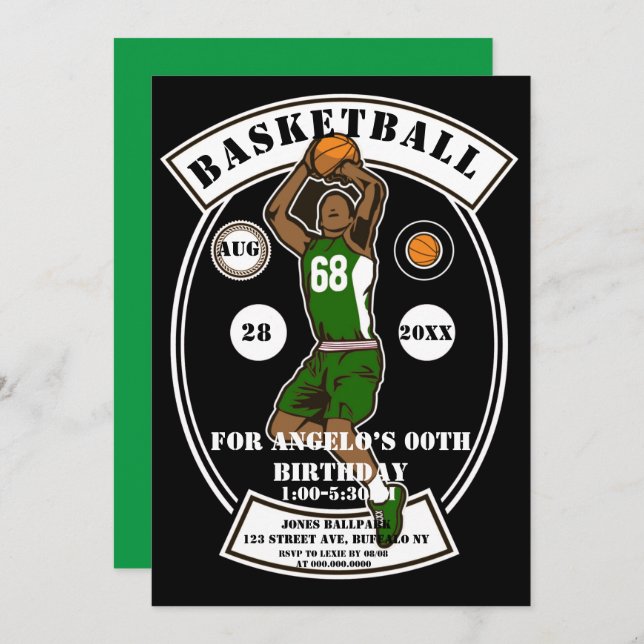 Black Green Basketball Invitations de fête d'anniv (Devant / Derrière)
