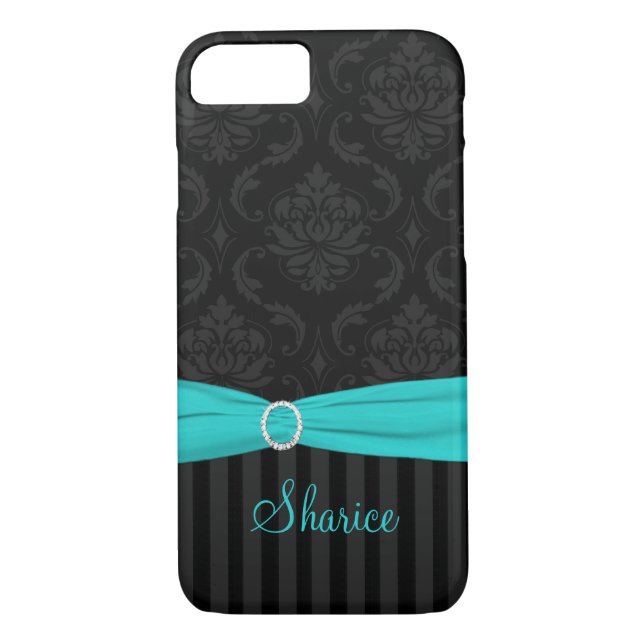 Black Grey Aqua Damask Striped iPhone 7 Coque (Dos)
