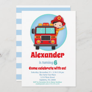 Black Hair Boys Firefighter Invitation Anniversair