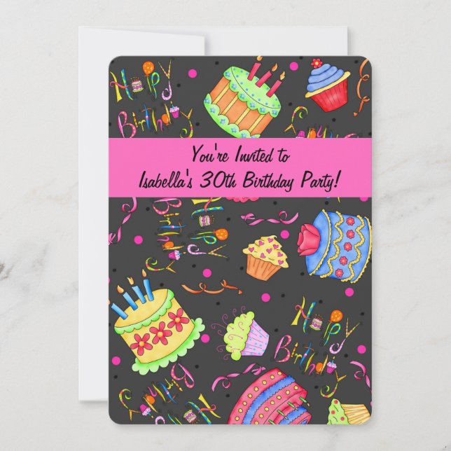 Black Hot Pink Cake 30th Birthday Invitation (Devant)