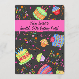 Black Hot Pink Cake Invitation 50e anniversaire