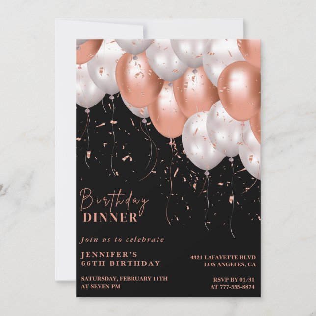Black invitations 66e anniversaire Rose or rose (Devant)