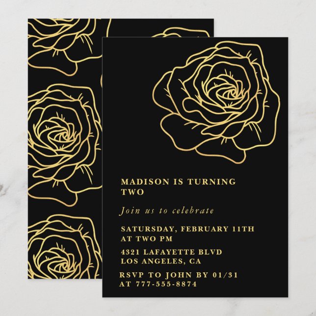 Black invitations de 2ème anniversaire Gold Floral (Devant / Derrière)