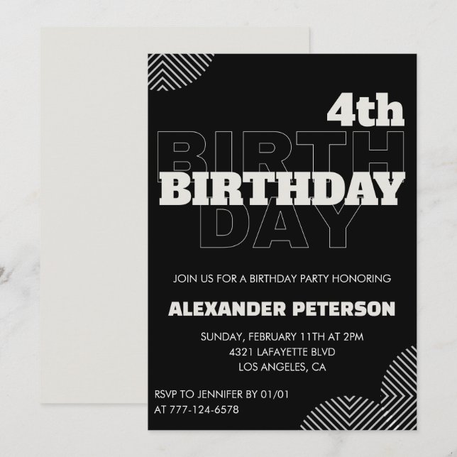 Black invitations de 4e anniversaire garçon de fêt (Devant / Derrière)