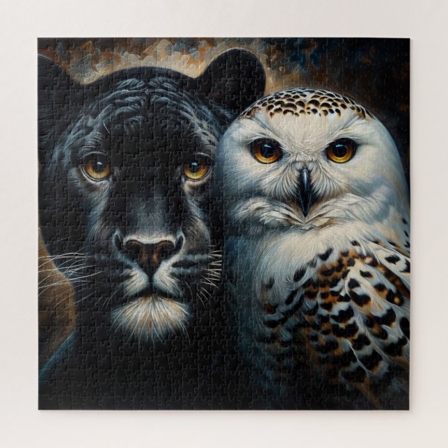 Black Jaguar and Snowy Owl Eyes of the Wild Puzzle (Vertical)