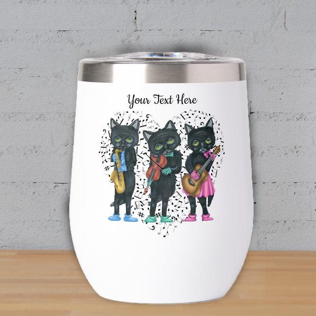 Black Jazz Cats Jouer de la musique Coeur des note (Black cat musicians playing instruments colourful clothes on heart of music notes on drink tumbler.)