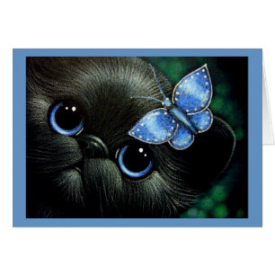 BLACK KITTEN CAT WITH BLUE BUTTERFLY CARD