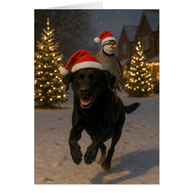 Black Labrador and Partridge Christmas card (Devant)
