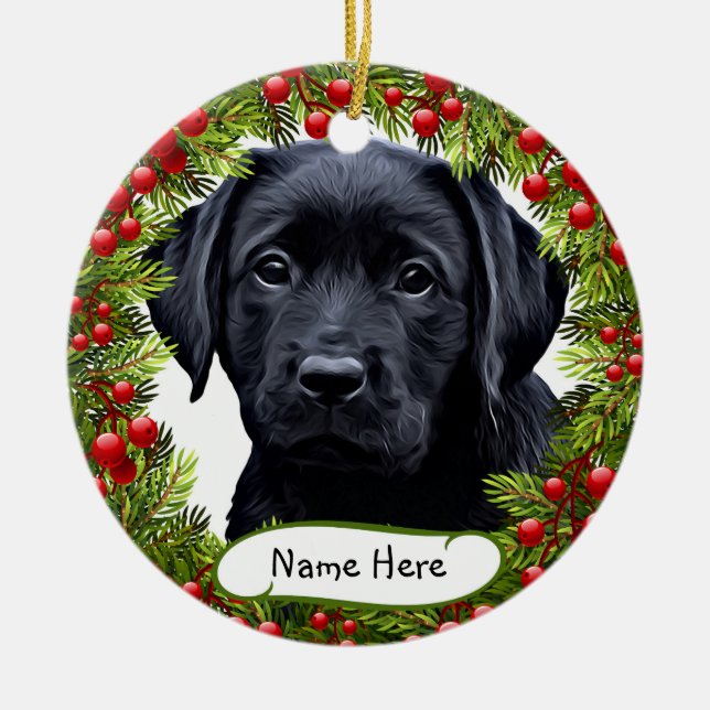 Black Labrador Pet Dog Wreath Ornement en céramiqu (Devant)