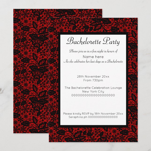 BLACK LACE ROUGE INVITATIONS VINTAGES BACHELORETTE (Devant / Derrière)