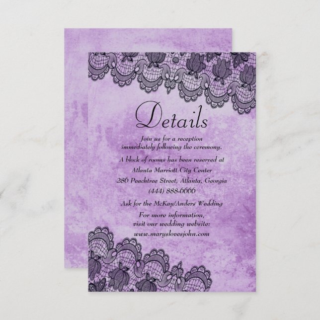 Black Lace violet gothique Mariage Détails Carte (Devant / Derrière)