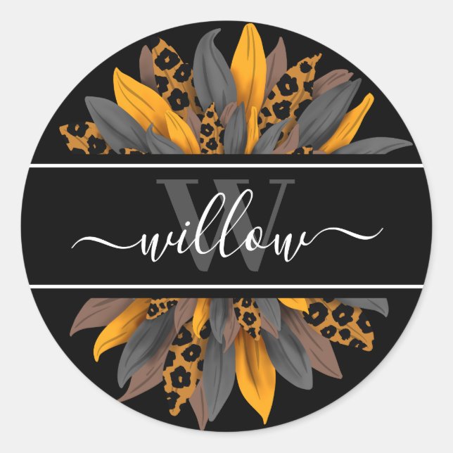Black Leopard Spots Tournesol Étiquette du nom de  (Devant)