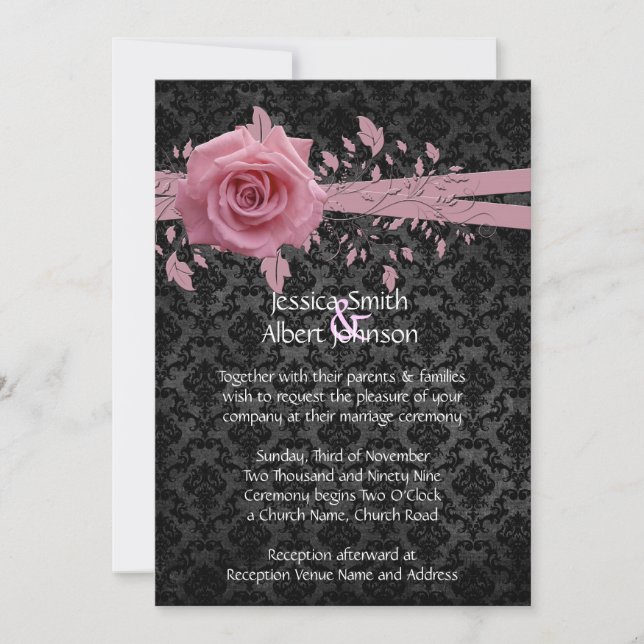 Black Luxury Damask Rose Mariage Invitation (Devant)