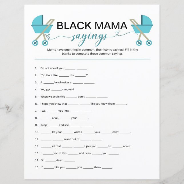 Black Mama Sayers jeu, Black Baby shower jeu (Devant)