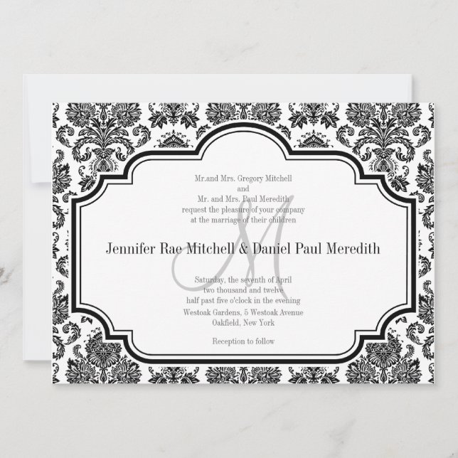 Black Mariage damassé Invitations Monogramme M (Devant)
