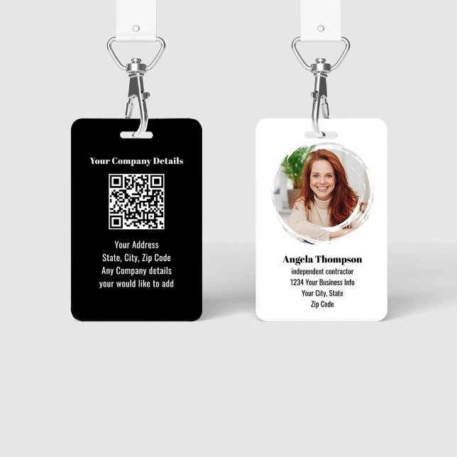 Black Modern Employee Photo QR Code Badge (Black and white modern business ID badge. with photo and QR code.)