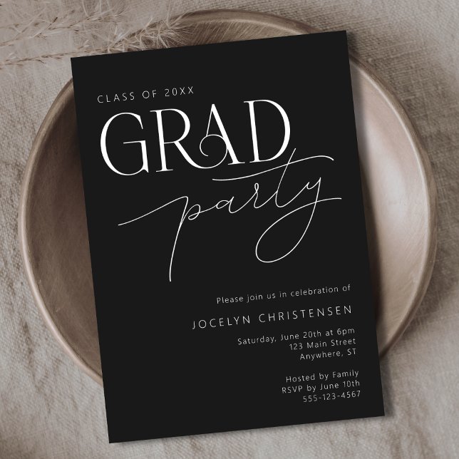Black Modern Typography Grad Party Invitation (Shown on a 5" x 7" invitation)