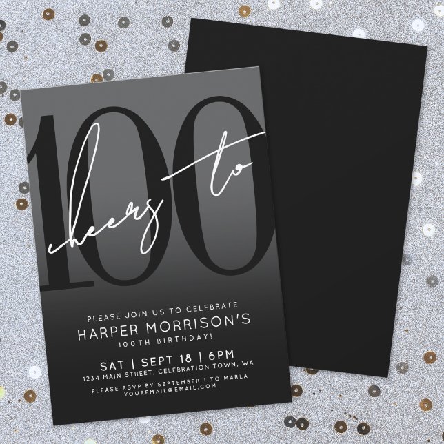Black moderne Invitation de fête du 100e anniversa (Modern Black 100th Birthday Party Invitation)