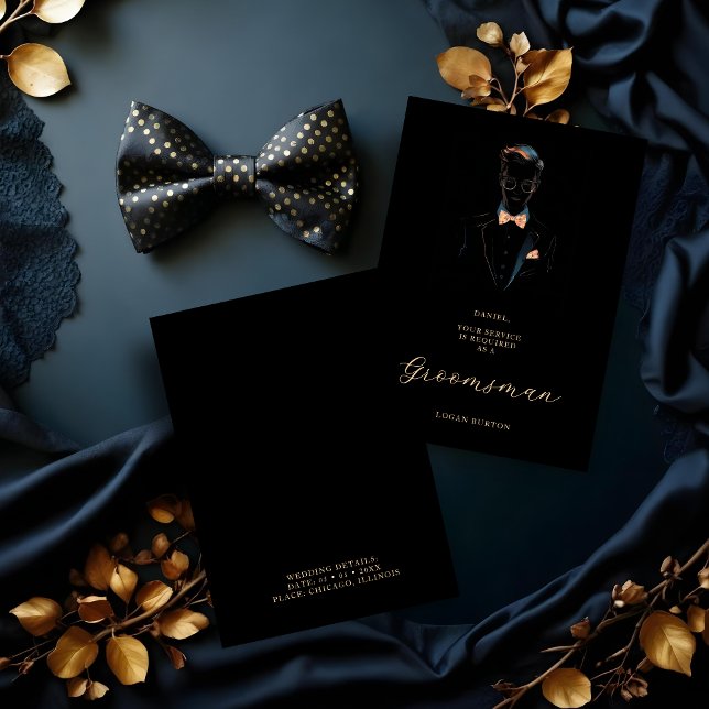 Black & Neon Effect Groomsman Silhouette Wedding (Stylish Black & Neon Effect Groomsman Silhouette Wedding Proposal Cards.)