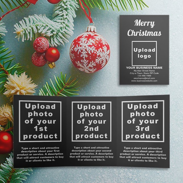 Black | Noël | Carte triple entreprise (Black trifold card for Christmas with your business brand and products or services)